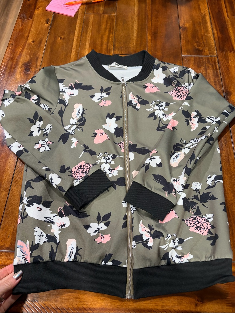 Wish Olive Floral Bomber Jacket with Black Trim